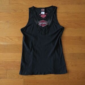 Harley Davidson Tank Top Women Black Lace Trim Embroidered Biker XL Sleeveless